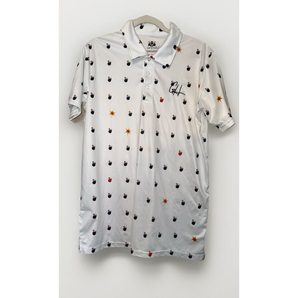 Gashouse Golf Men's Medium Polo Shirt Bombs Away White With Bomb Graphics